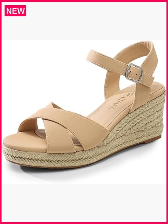 Shoes - Espadrille Wedge Sandals with Adjustable Buckle, Platform Heels
